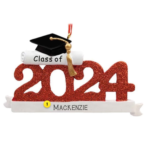 Class of 2024 Graduation Ornament Personalized Red numbers, white diploma, black and gold grad cap with tassel