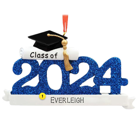 Personalized Class of 2024 Grad Ornament with diploma and graduation cap with a gold tassel
