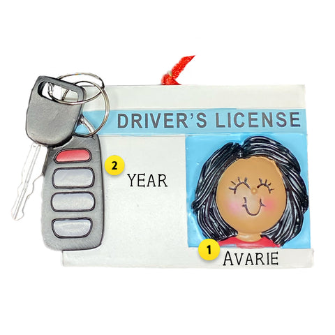Driver's License Personalized Ornament for a girl with brown skin tone
