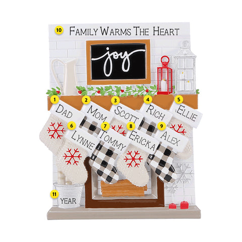 Fireplace Mantle Family of Nine Ornament can be personalized