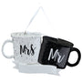 White Mug with Mrs monogram, Black Mug with Mr monogram Christmas Ornament with scroll to be personalied under the mugs