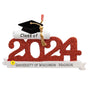 Personalized Graduation ornament for Class of 2024 with red accents including a diploma and black grad cap with gold tassel