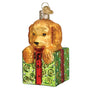 Doodle Puppy Surprise, Old World Christmas Ornament - Doodle peaking out of green and red present