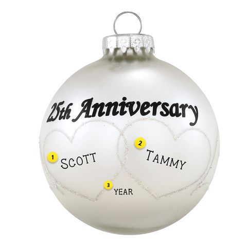 25th Anniversary Silver Ball Ornament with 2 personalized hearts and dated with the year
