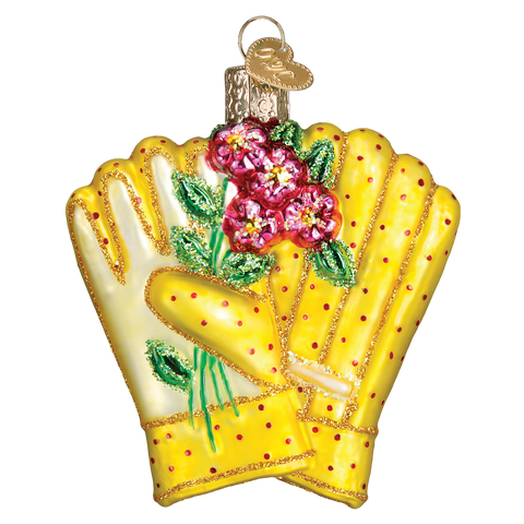 Garden Gloves with Flowers Blown Glass Christmas Ornament