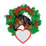 Brown Arabian Horse Head in Christmas Wreath with a personalizable red and white heart Christmas ornament 