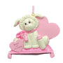 Baby Lamb sitting on pink pillow surrounded by pink hearts with Baby's 1st Christmas words and space for name and dated for the year on a baby bottle