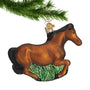 Glass Horse Ornament hanging by a gold swirl hook Brown Mustang running