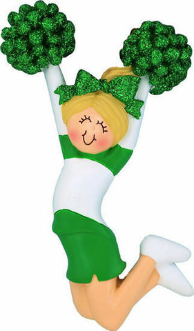 Personalized Cheerleader with Green Uniform Ornament - Female, Blonde Hair