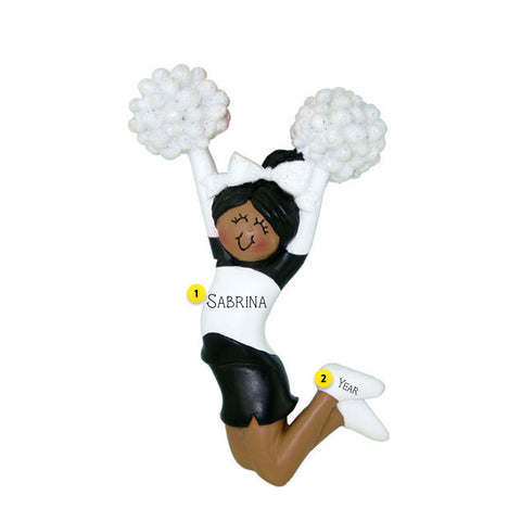 Personalized Cheerleader Black Uniform Ornament- Female, African American