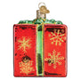 Christmas Gift Box Glass Ornament in reds and green side view