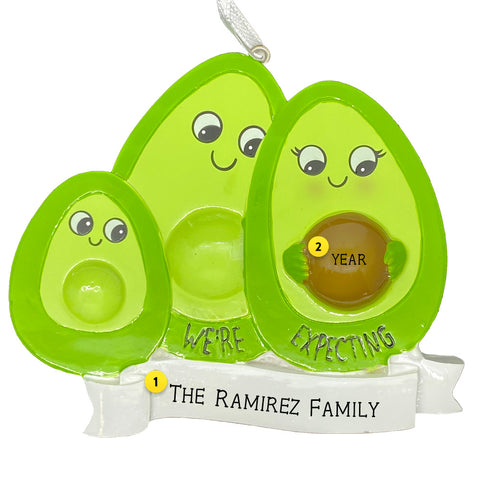 Personalized We're Expecting Family of 3 Ornament Avocado Themed Baby Announcement