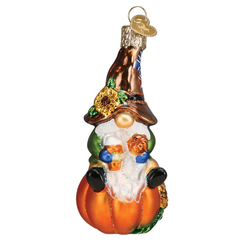 Gnome Dressed up for fall sitting on a pumpkin Glass Ornament