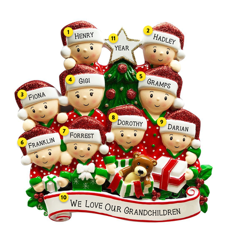 Family of 9 Personalized TableTop Christmas Decoration Opening Presents by the Christmas Tree