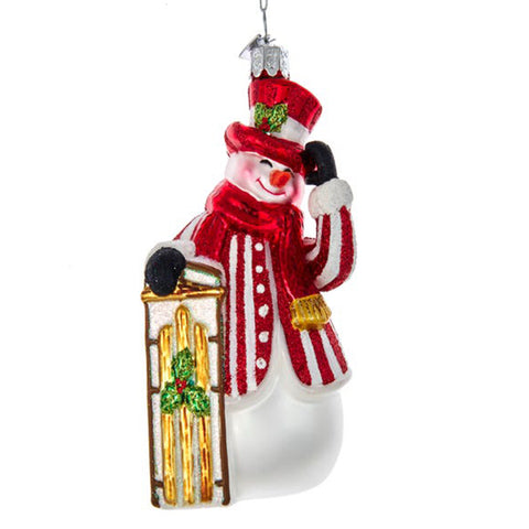 Glass Peppermint Snowman With Sled Ornament