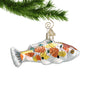 Yellow and Orange spotted koi fish ornament hanging by a gold swirl hook