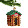 Glass Christmas Ornament looking like a Lincoln Log House hanging by a gold swirl hook