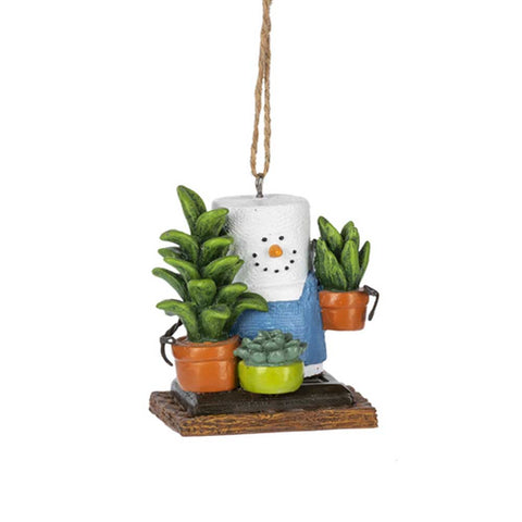Plant Lover Ornament with S'more Snowman in a blue apron holding 3 potted plants