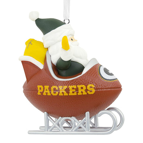 Green Bay Packers Christmas Ornament with Santa in a football sled