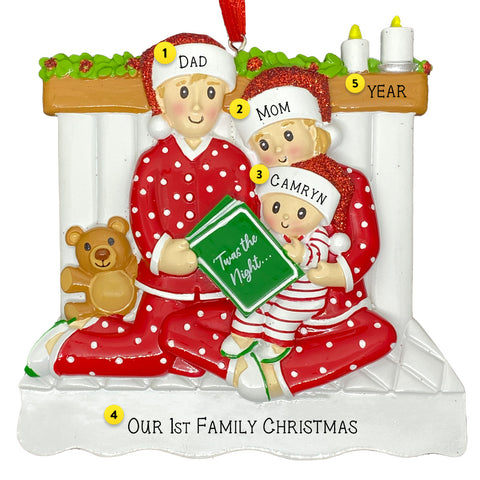 Personalized Family of three Christmas Ornament reading a book together in pajamas 