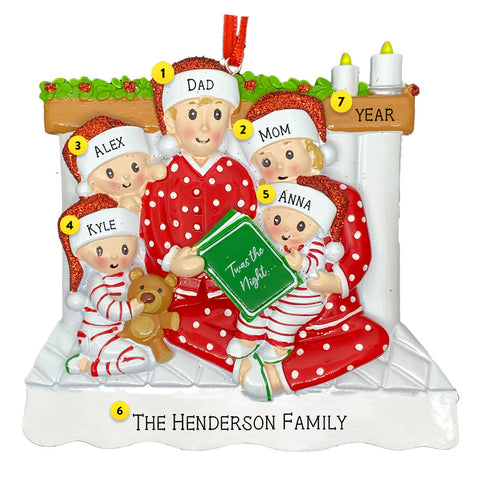 Personalized Family of 5 with 3 children in pajamas reading a book Christmas ornament 