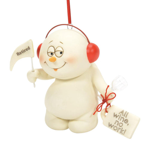 Snowpinions ornament with red earmuffs holding a RETIRED pennant and a tag that says all wine, no work!