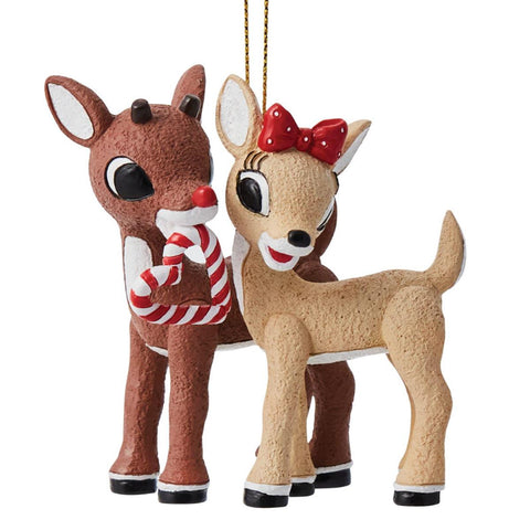 Christmas Ornament of Rudolph holding a heart shaped candy cane in his mouth for Clarice 