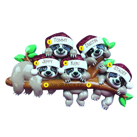 Personalized Sloth Family of 5 Ornament
