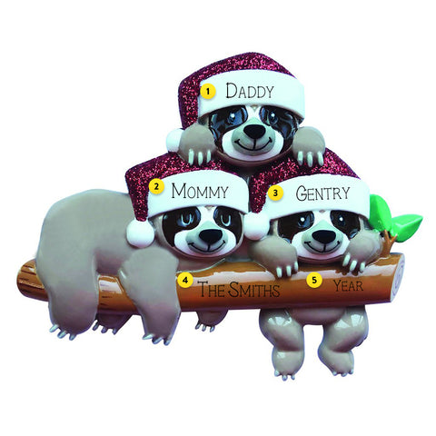 Sloth Family of Three Christmas Ornament Personalized Free
