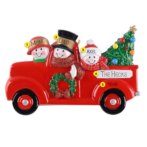 Personalized Red Truck Snowman Family of 3 Ornament