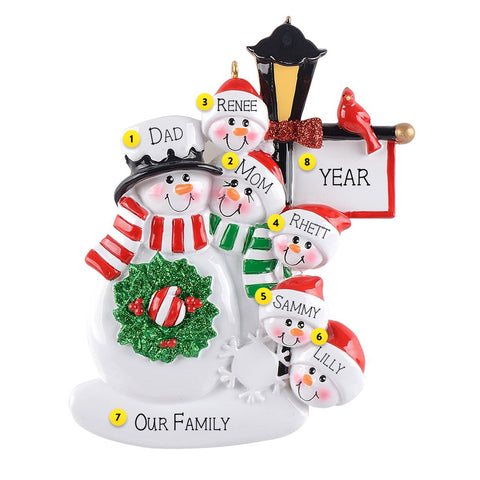 Personalized Lamppost Snow Family of 6 Ornament