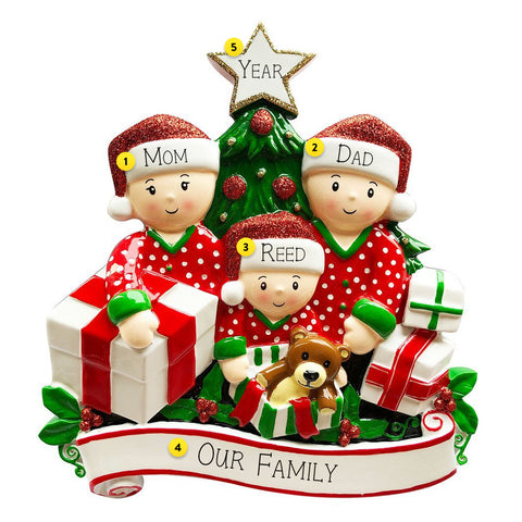 Personalized Christmas Morning Pajama Family of 3 Table Top Decoration
