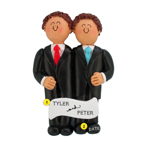 Wedding Couple Ornament - Two Brown-Haired Grooms for a Gay Pride Christmas Tree