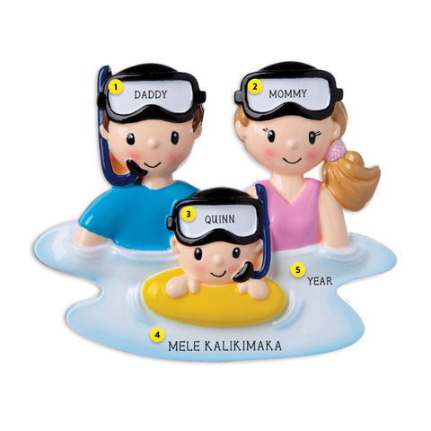 Snorkeling Family of 3 resin personalized ornament