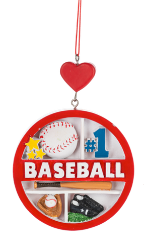 Round baseball collage ornament with a red border, featuring a baseball, bat, glove, black cleat, yellow stars, and “#1 Baseball,” topped with a red heart.