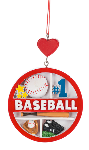 Round baseball collage ornament with a red border, featuring a baseball, bat, glove, black cleat, yellow stars, and “#1 Baseball,” topped with a red heart.