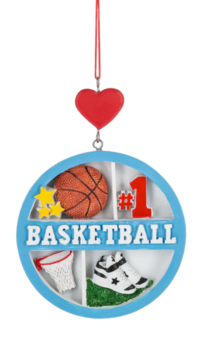 Round basketball collage ornament with a blue border, featuring a basketball, hoop net, white sneakers, yellow stars, and “#1 Basketball,” topped with a red heart.