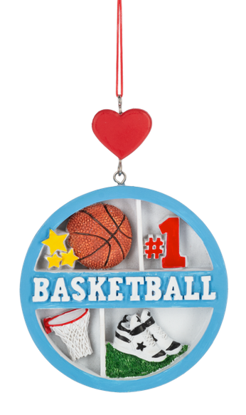 Round basketball collage ornament with a blue border, featuring a basketball, hoop net, white sneakers, yellow stars, and “#1 Basketball,” topped with a red heart.