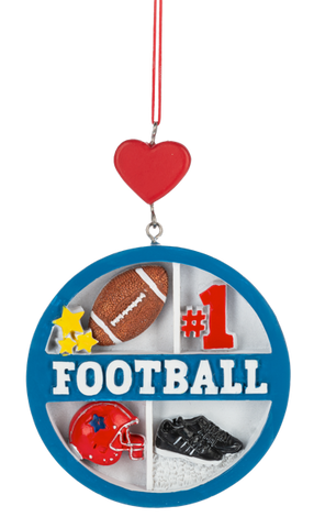 Round football collage ornament with a blue border, featuring a football, red helmet, black cleats, yellow stars, and “#1 Football,” topped with a red heart.