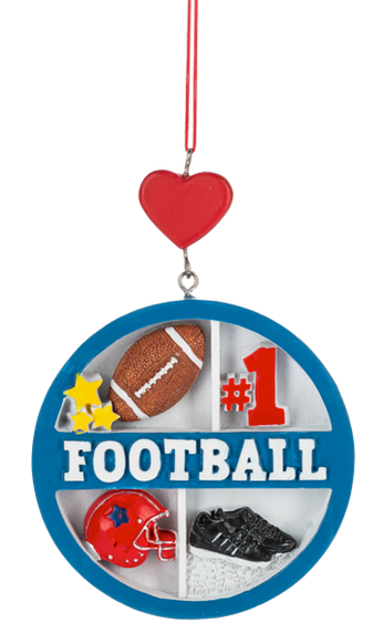 Round football collage ornament with a blue border, featuring a football, red helmet, black cleats, yellow stars, and “#1 Football,” topped with a red heart.