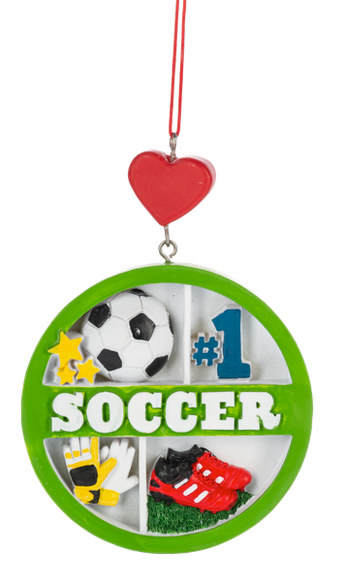 Round soccer collage ornament with a green border, featuring a soccer ball, goalie glove, red cleat, yellow stars, and “#1 Soccer,” topped with a red heart.