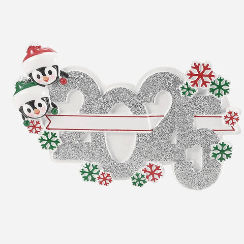 Decorative number '2025' with penguins and snowflakes on a white background