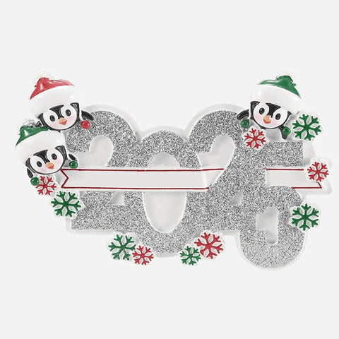 Decorative ornament '2025' with penguins and snowflakes on a white background