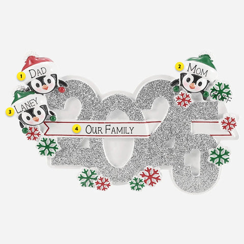 Decorative ornament with penguin family design and text on a white background