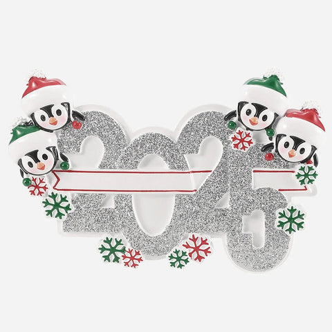 Decorative ornament with 2025  penguin family of 4 members with personalized text on a white background