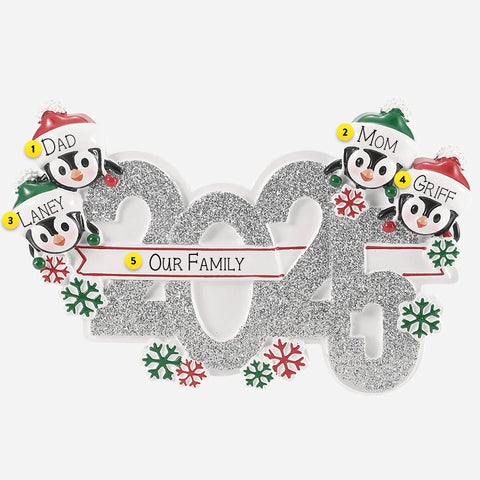 Decorative ornament with penguin 4 family members with personalized text on a white background