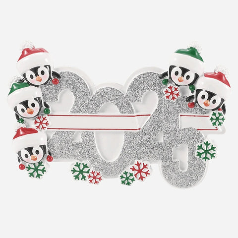 Decorative ornament with the number '2025' featuring penguin characters on a white background.