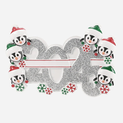 Decorative ornament with 5 penguin family members and can be personalized on a white background