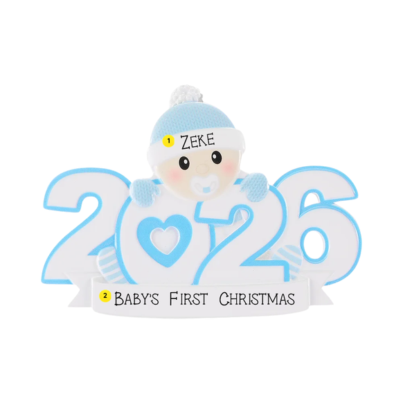 Personalized 2026 Baby Boy's 1st Christmas blue heart ornament with example of Zeke on the baby's hat and Baby's First Christmas on the banner