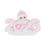 2026 Baby Girl's 1st Christmas ornament featuring a baby in a pink hat and mittens with a pink heart and white year numbers